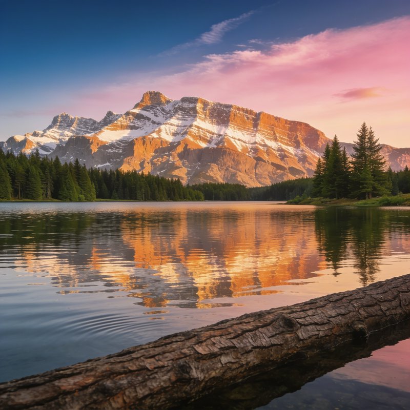 Pastel golden hour sunset over snow-capped mountain reflected in calm alpine lake bordered by eve...