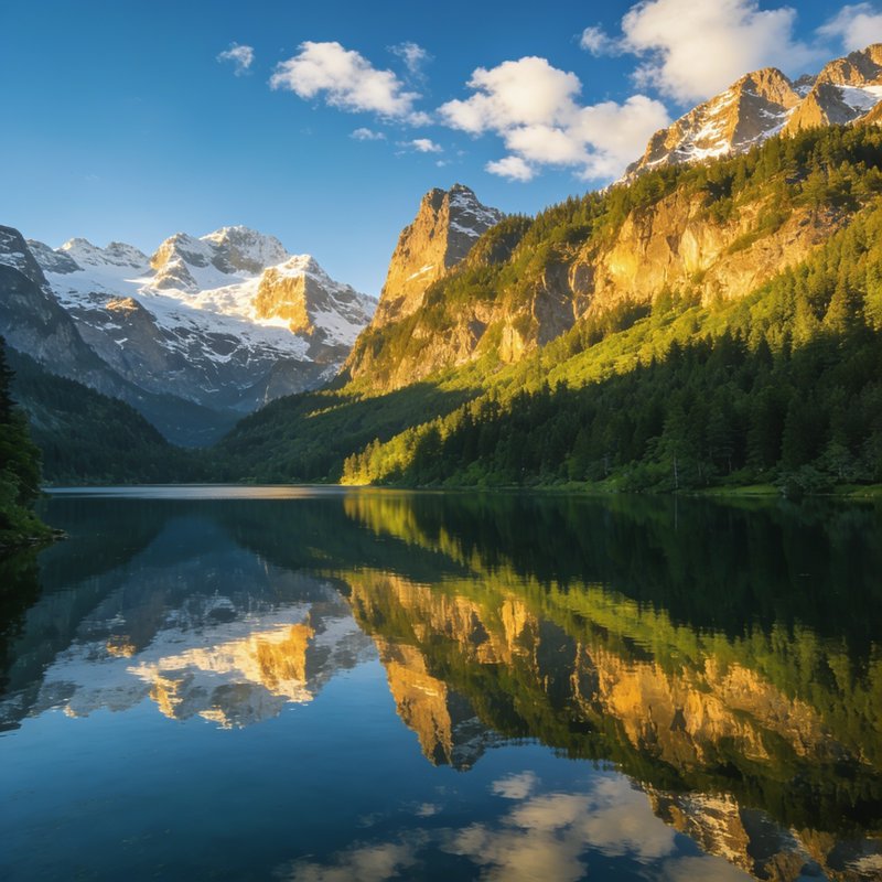 Glassy alpine lake reflects sunlit snow-capped peaks, forested cliffs, and bright blue sky at gol...