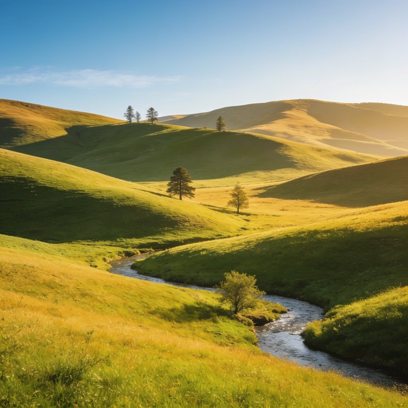 Winding stream cuts through sunlit rolling grassy hills dotted with lone trees, under a clear blu...