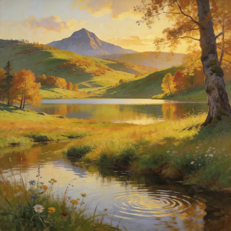 Impressionist oil painting of sunlit autumn alpine valley, calm lake, rippling stream, and warm g...
