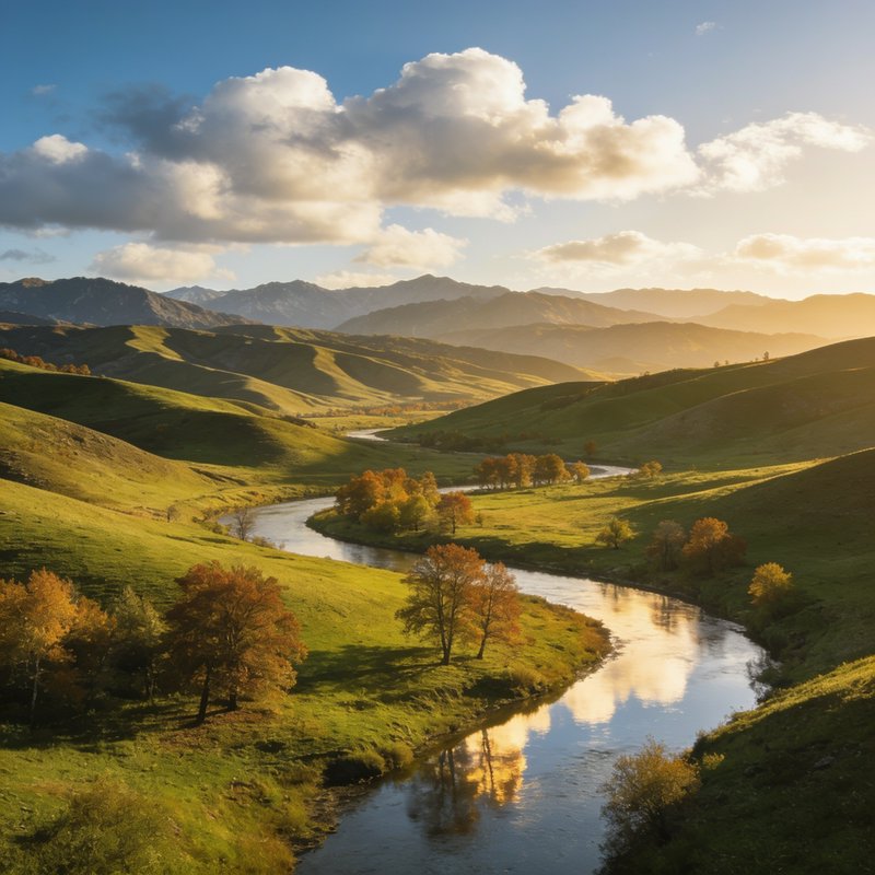 Golden hour landscape of winding river through rolling green hills dotted with autumn trees, dist...