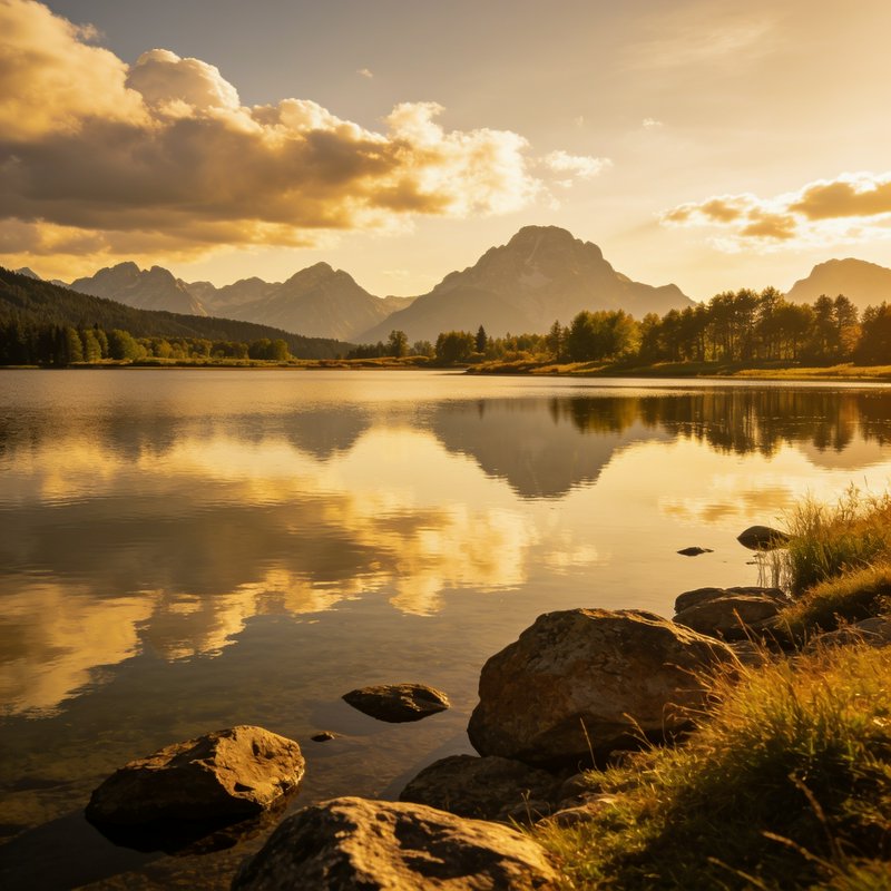 Warm golden hour sunset over calm reflective alpine lake, with distant mountain peaks and rocky g...