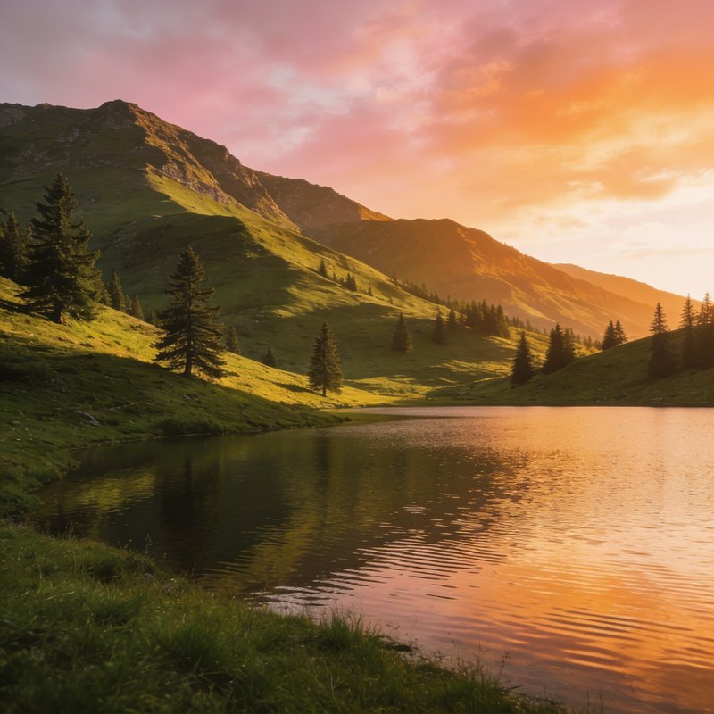 Serene alpine lake reflects warm pink and orange sunset, bordered by grassy mountain slopes dotte...
