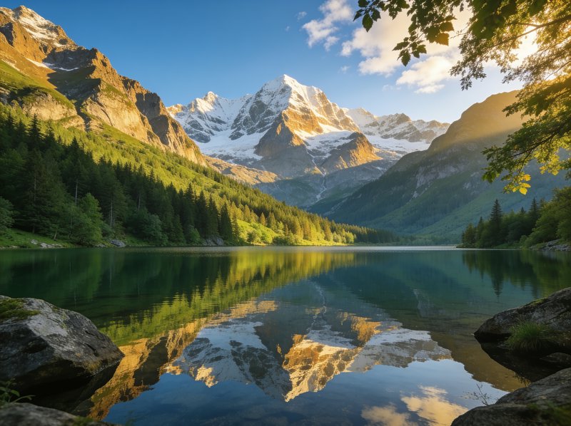 Golden hour alpine lake with perfect reflection of snow-capped mountains and evergreen forest und...
