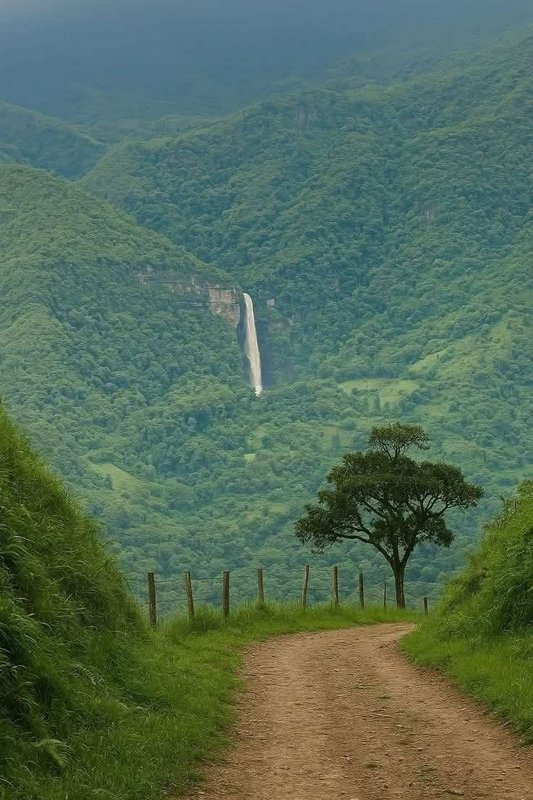 Winding rural dirt road frames a distant tall waterfall in a lush, misty forested mountain valley