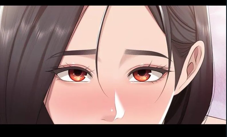 Close-up illustration of blushing manhwa woman with sleek dark hair and bright warm amber-red eyes