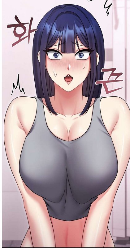 Flustered blushing manhwa woman with straight dark blue hair, surprised wide-eyed expression, wea...