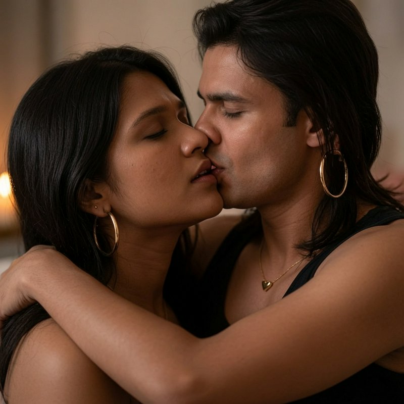 Tender close-up of a South Asian couple sharing an intimate soft kiss in warm indoor lighting