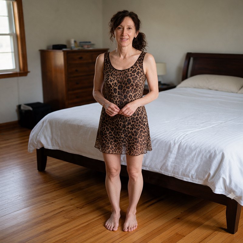 Smiling barefoot middle-aged woman in a sheer leopard print nightgown stands in a sunlit wooden b...