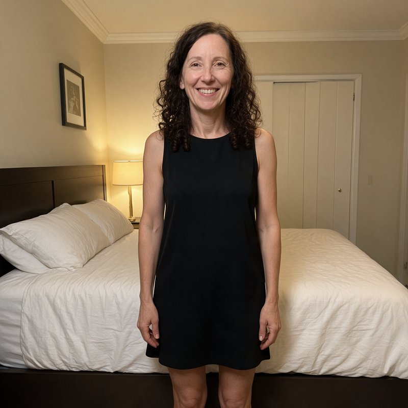 Smiling middle-aged woman with curly dark hair in a black sleeveless dress stands in a softly lit...