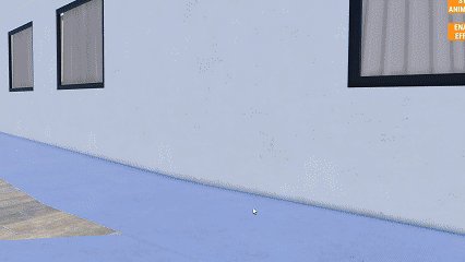 [3D render of pale blue interior wall with dark framed windows, game cursor and UI elements visible]