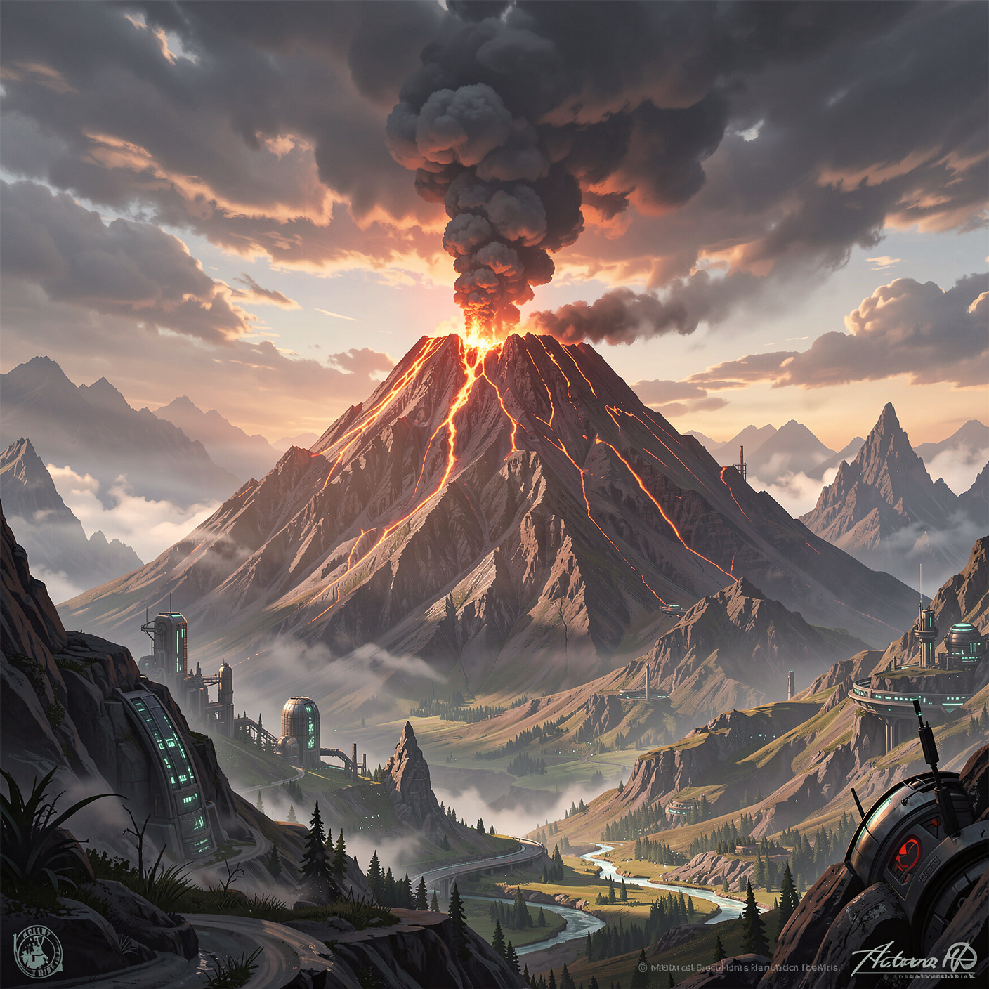 Erupting volcano with glowing lava looms over futuristic outposts in a misty mountain valley at sunset