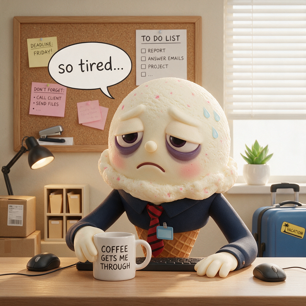 Exhausted anthropomorphic ice cream office worker sits at a desk with a coffee mug saying he is so tired