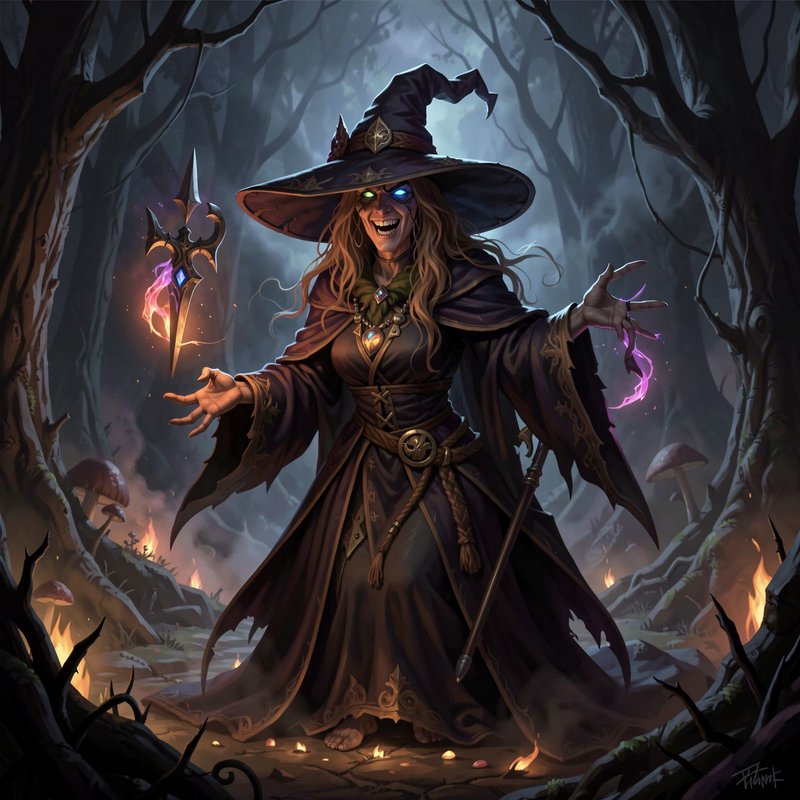 Cackling glowing-eyed dark witch casting magic in a misty twisted enchanted forest