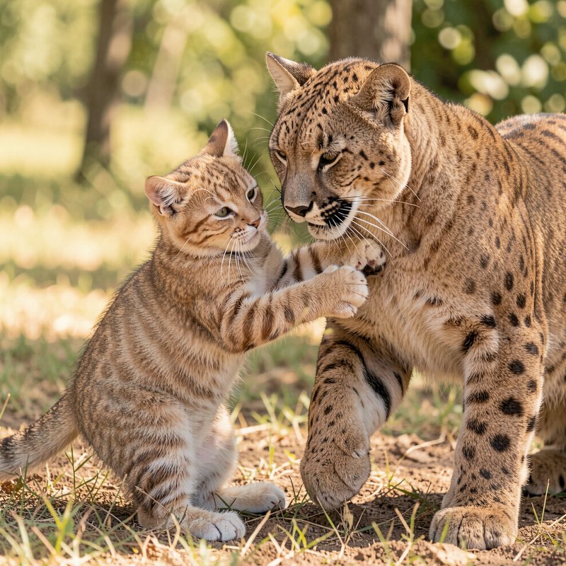 Small tabby kitten touches paws gently with a larger spotted wild cat in a sunlit grassy woodland...