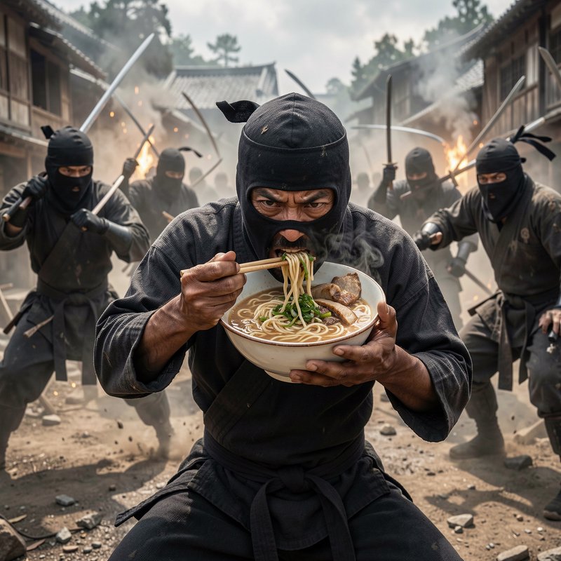 Masked ninja eats steaming ramen mid-battle as other sword-wielding ninjas advance around him