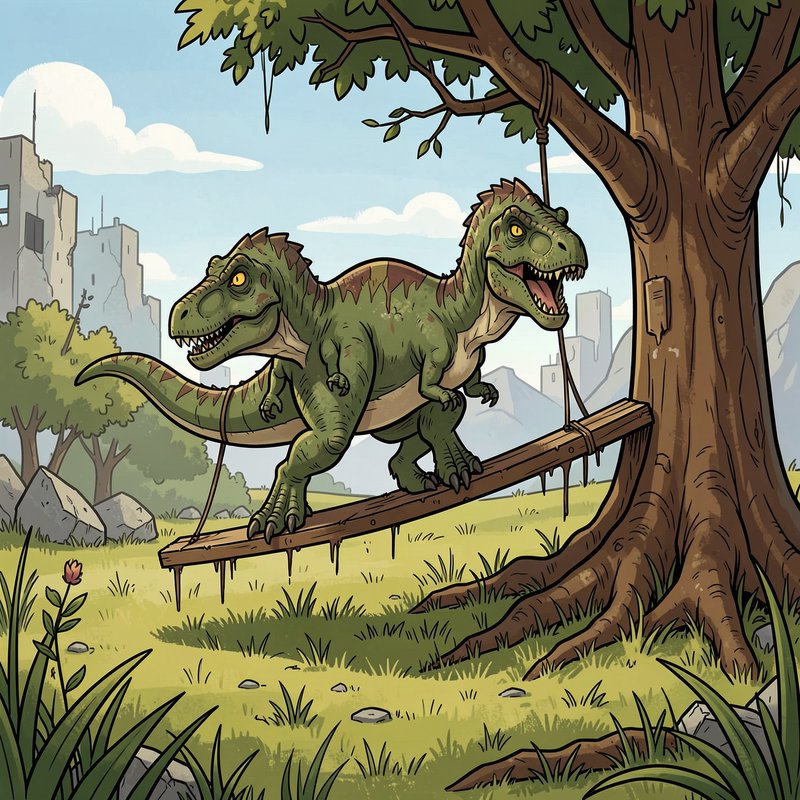 Two-headed Tyrannosaurus rex standing on a wooden swing strung to a tree in an overgrown park