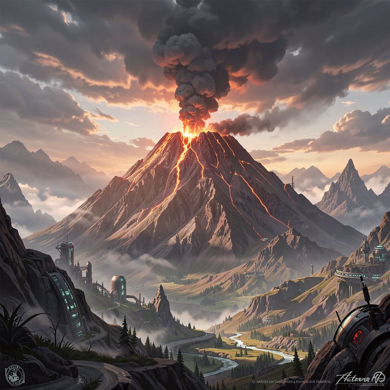 Erupting volcano with glowing lava looms over futuristic outposts in a misty mountain valley at s...