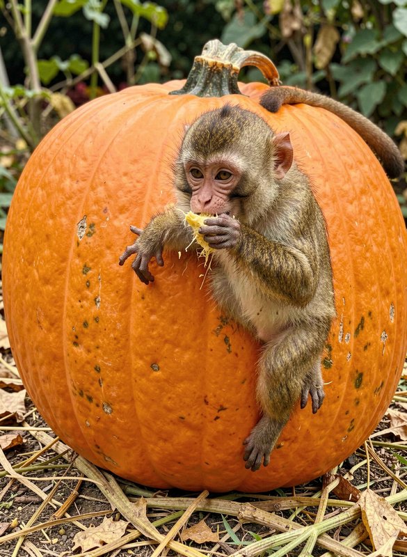 Baby rhesus macaque perched on a large orange pumpkin snacking on pumpkin flesh