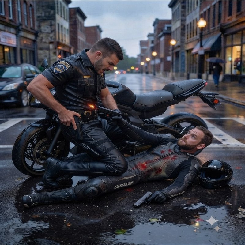 Uniformed police officer detains injured biker on rain-slicked downtown crosswalk next to a sport motorcycle at rainy dusk.