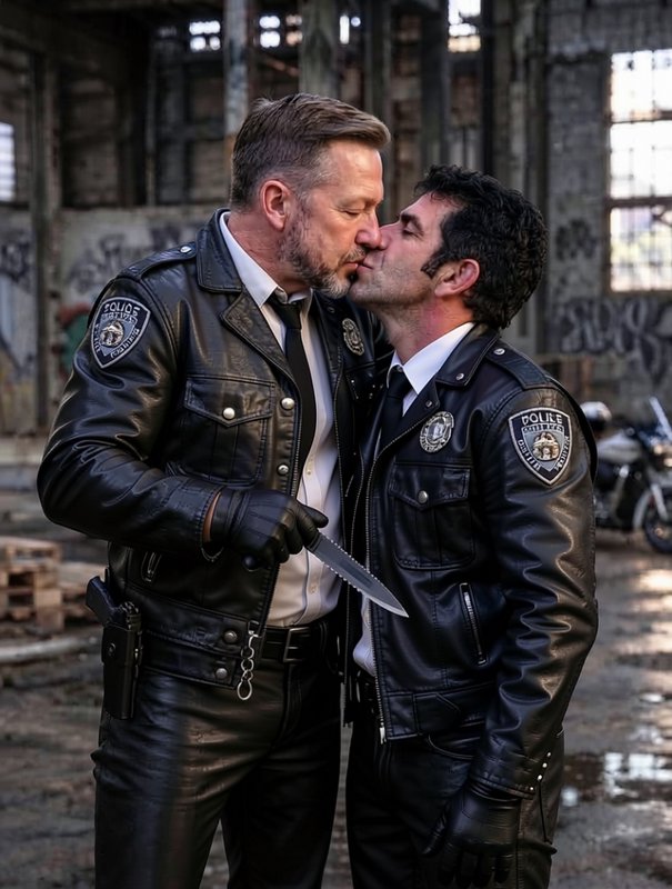 Two male police officers in black leather uniforms share an intimate kiss inside a gritty abandoned graffiti-covered