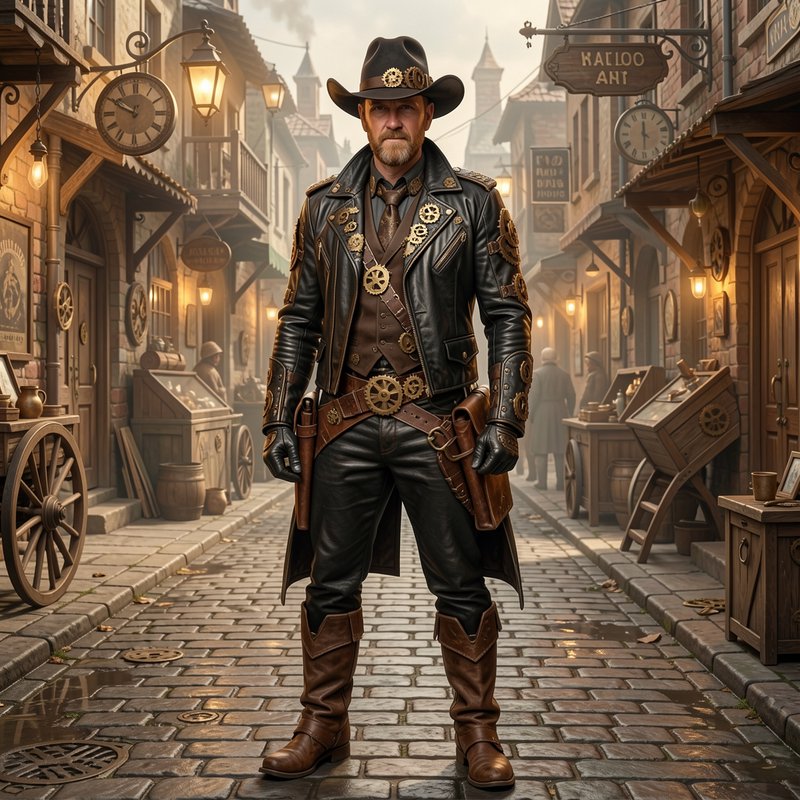 Steampunk cowboy lawman stands on a misty gas-lit cobblestone old town street