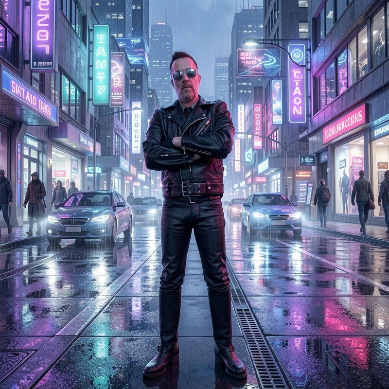 Stoic man in black leather and sunglasses stands with crossed arms on a rain-soaked neon cyberpun...