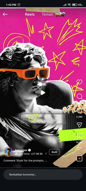 Screenshot of Instagram Reel showing punk collage art of Michelangelo's David wearing orange sung...
