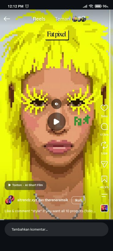 Screenshot of Instagram Reel showing blocky "Fat pixel" AI pixel art portrait of a person with br...