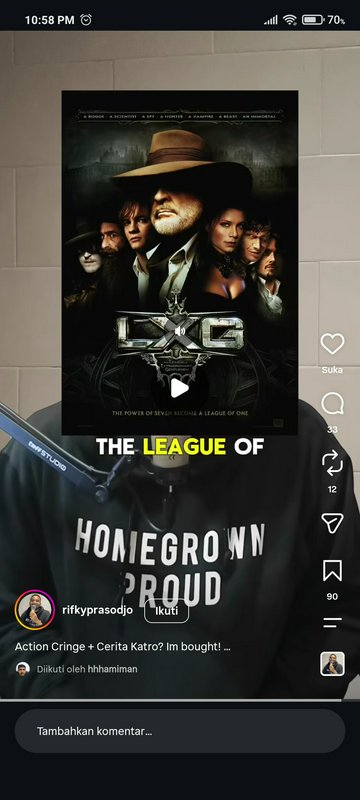 Instagram Reel screenshot showing The League of Extraordinary Gentlemen movie poster overlayed on...