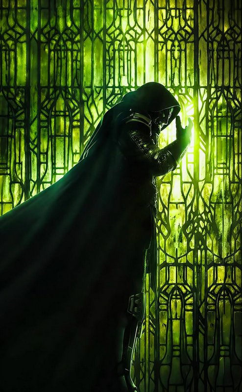 Silhouetted hooded fantasy cloaked figure touches glowing bright green ornate gothic stained glas...