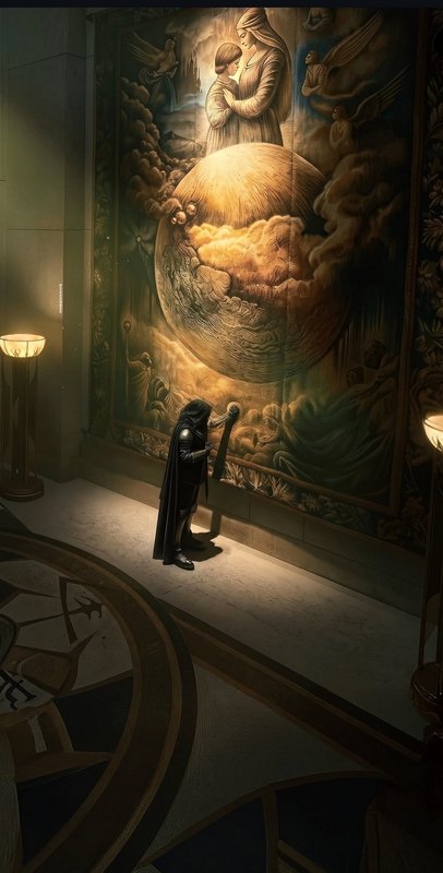 Hooded armored knight stands in a sunbeam gazing at a massive celestial religious tapestry in a g...