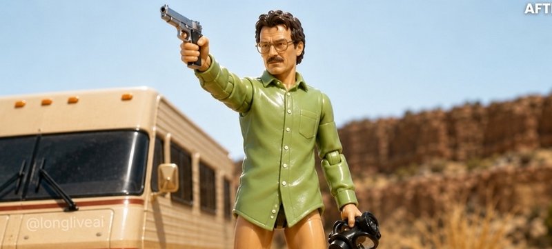 Breaking Bad Walter White action figure aiming a pistol, holding a gas mask beside the show's ico...