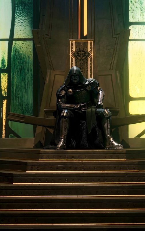 Hooded armored fictional ruler sits stoically on a grand ornate throne atop rune-carved tiered st...