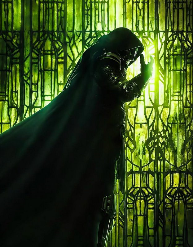 Silhouetted hooded fantasy mage touches glowing ornate green gothic stained glass panel