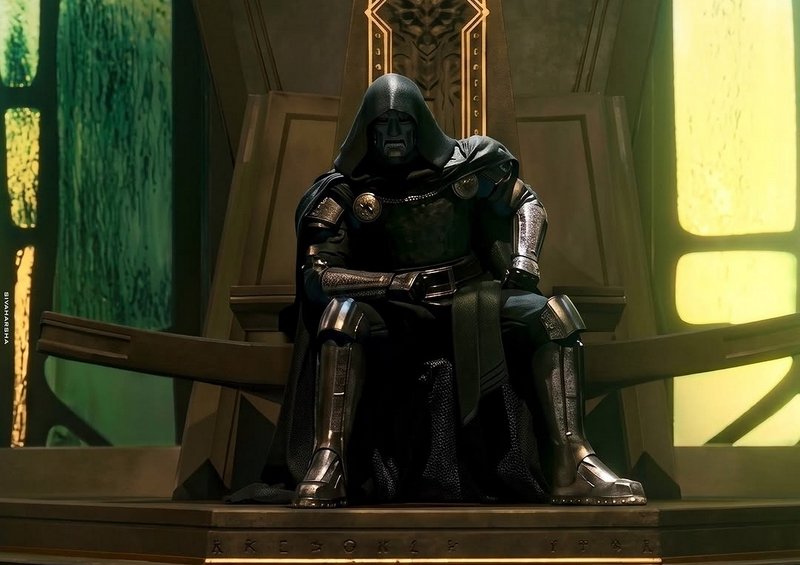 [Stoic hooded armored fantasy tyrant sits on an ornate carved throne, lit by glowing green and yellow throne room windows]
