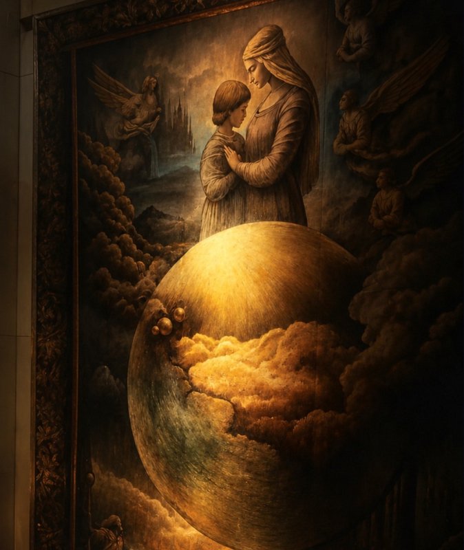 Ornate renaissance-style religious painting of Virgin Mary embracing child above a glowing earth ...