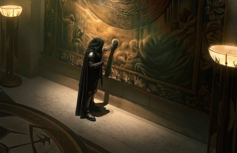 Hooded armored cloaked fantasy figure examines an ornate mythic tapestry in a dim warm lamp-lit s...