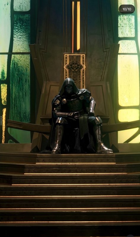 Stoic hooded armored fantasy ruler sits on an ornate carved throne atop rune-etched stone steps i...
