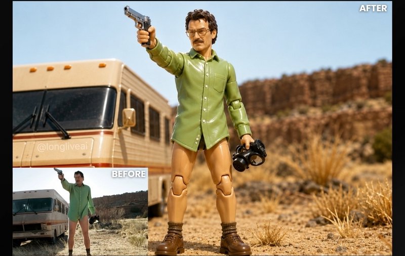 Side-by-side before/after AI conversion turning Breaking Bad's Walter White desert scene into a d...