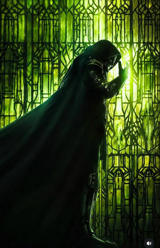 Silhouetted hooded cloaked sorcerer channels glowing green magic before an ornate gothic stained ...