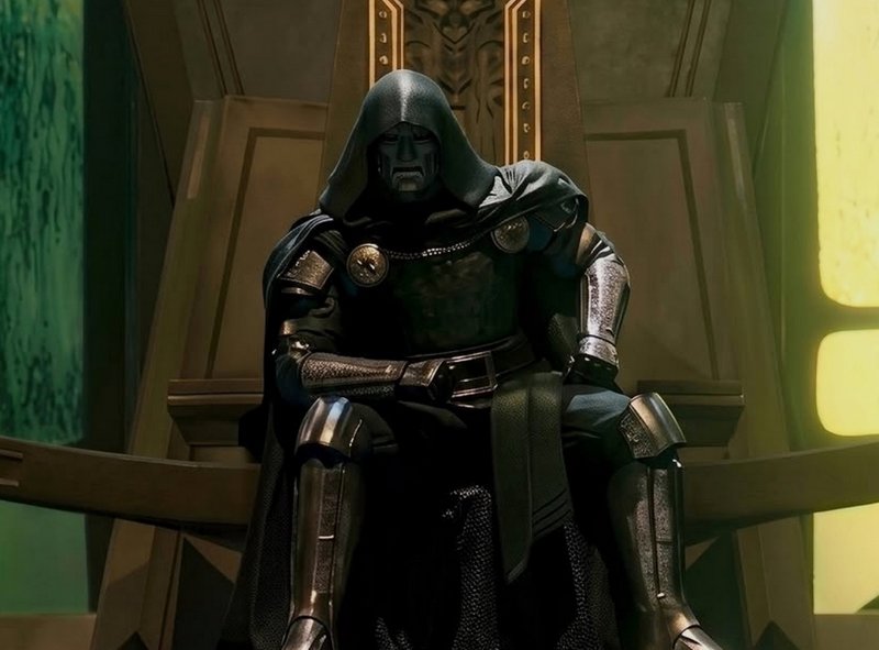 Stoic hooded masked armored fantasy overlord sits regally atop an ornate carved wooden throne in ...