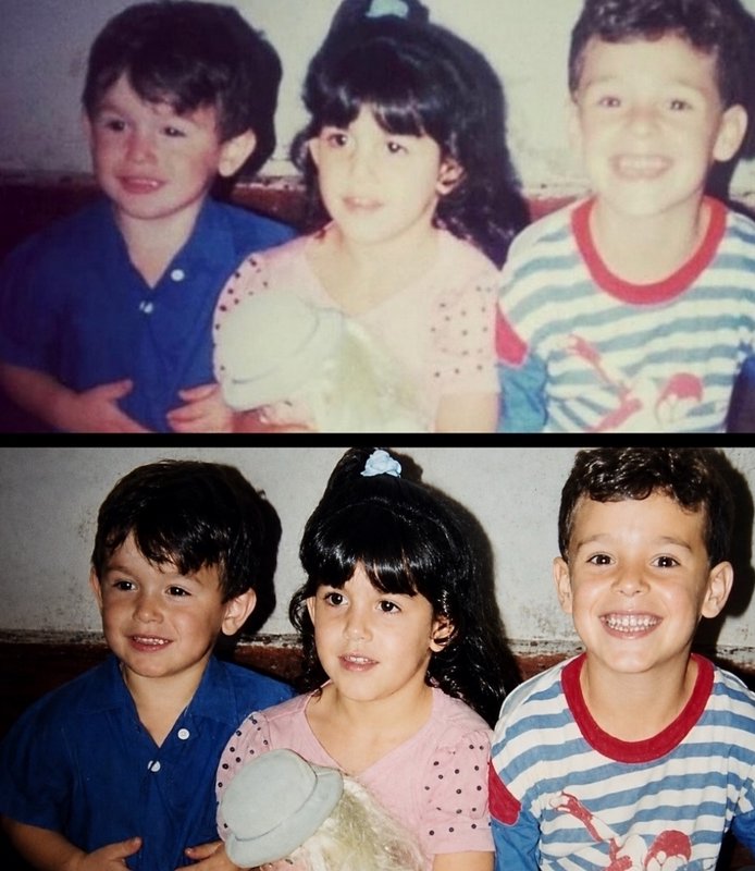 Side-by-side before/after comparison of a faded vintage childhood photo next to its crisp restore...