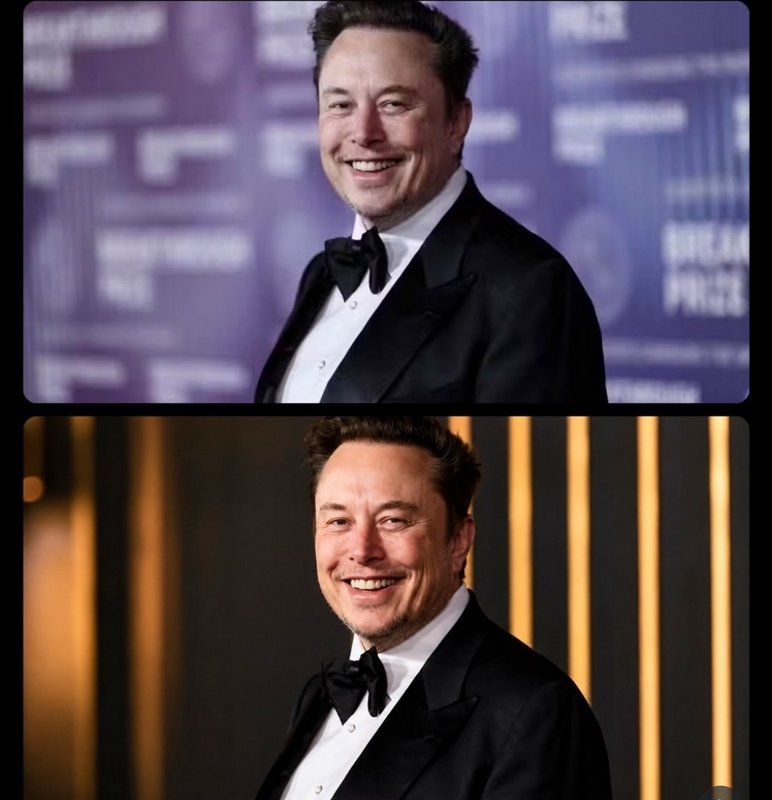 Stacked diptych of two matching formal portraits of smiling Elon Musk in a black tuxedo, with dif...