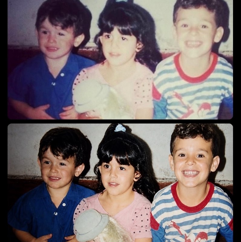 Side-by-side comparison of faded old childhood photo next to its restored clear version of three ...