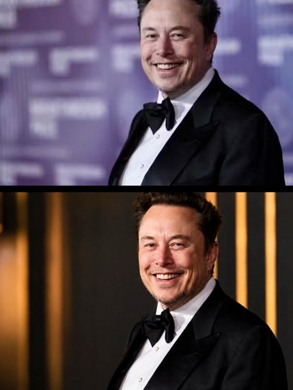 Vertical side-by-side diptych of Elon Musk in a black tuxedo, smiling, against two different form...