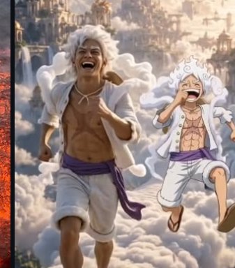 Side-by-side live action and anime Gear 5 Monkey D. Luffy laugh while running on clouds, with a f...