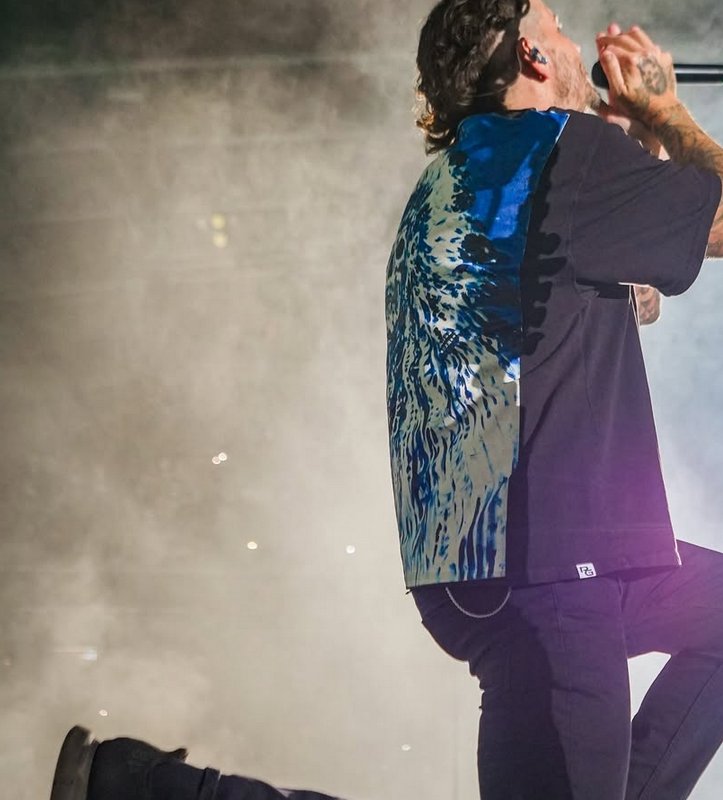 Side view of a tattooed male singer performing live, holding a microphone on a foggy, lit concert...
