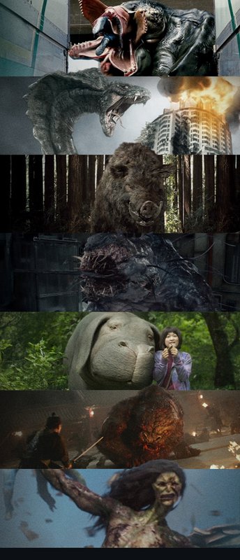 Vertical stacked collage of screen stills featuring iconic monsters from popular South Korean hor...