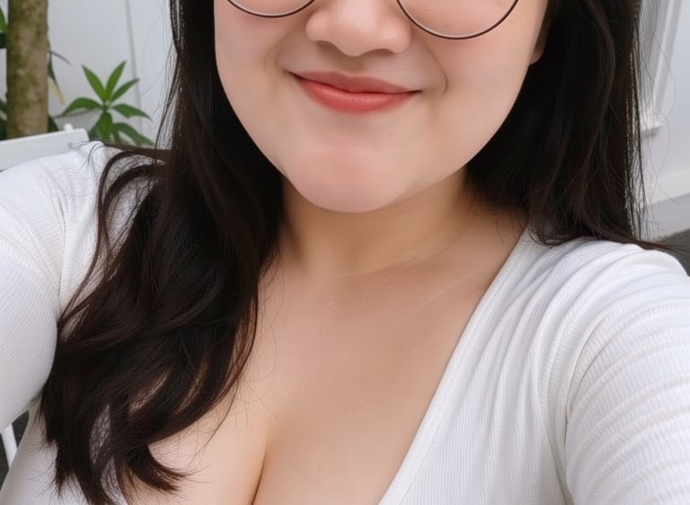 Close-up partial selfie of a smiling woman with round glasses and long dark wavy hair indoors